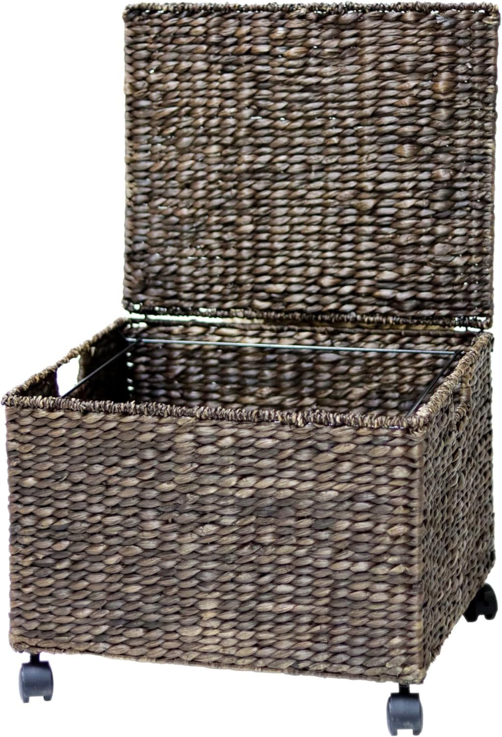Rolling File Box Wicker File Cabinet Hanging File Baskets Water Hyacinth Storage Basket (Brown)