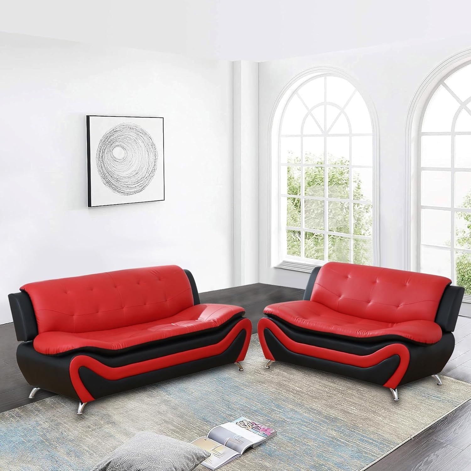 Faux Leather Sofa Couch Set, Living Room Sofa and Loveseat Set, Leather Couch and Loveseat Set for Living Room Office Home (2 Piece Leather Living Room Set, Red)