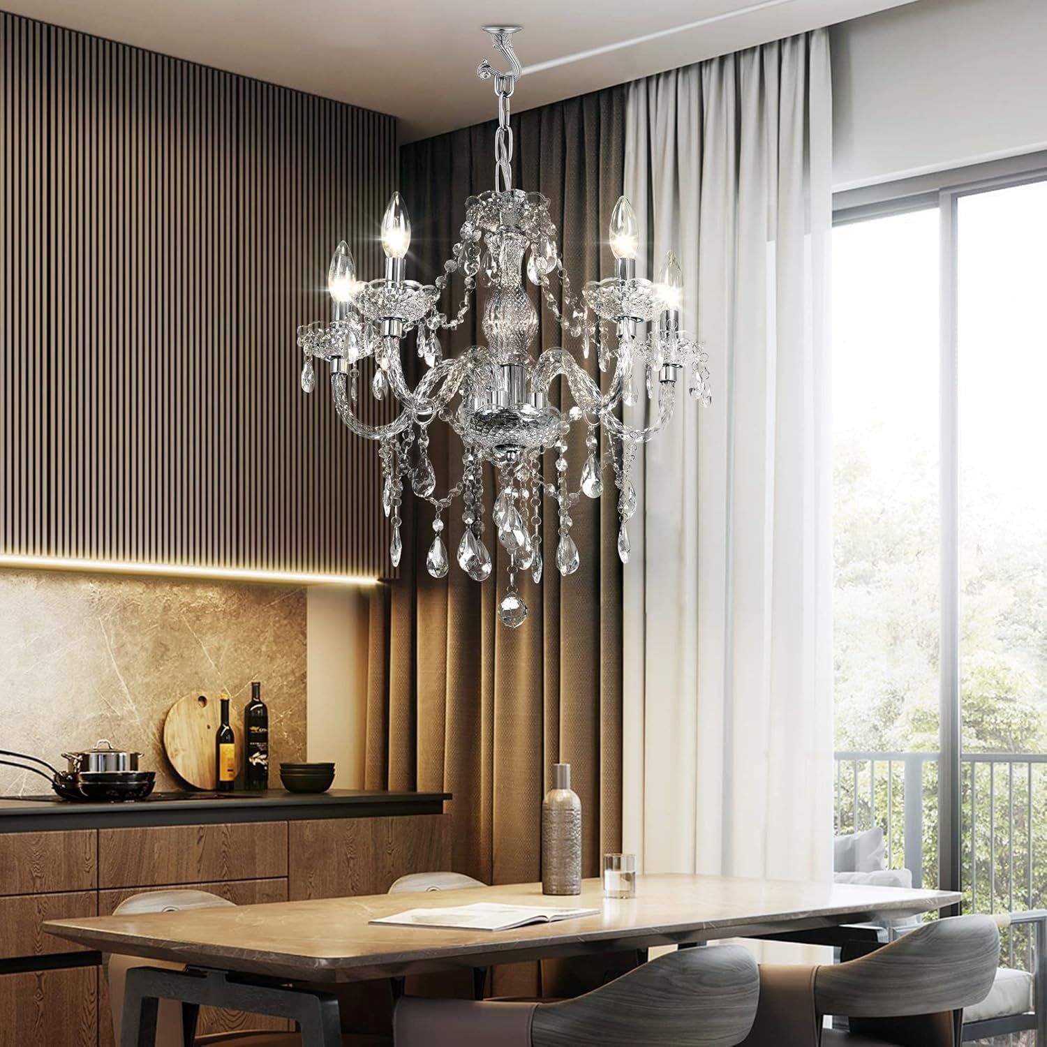 Plug-In 5 Light Crystal Hanging Pendant Lights Acrylic Chandelier with Clear Cord &amp; On/Off Switch H19 D19.7 for Kitchen Island Girls&#39; Room Dining Area Laundry Pavilion.