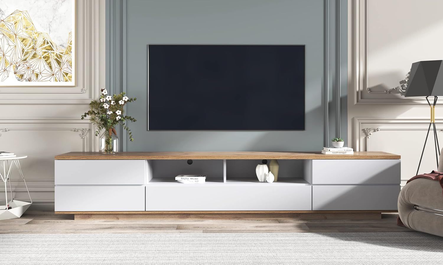 Wood TV Stand Entertainment Center with Storage Cabinets &amp; Open Shelves, Modern TV Console Table for Tvs up to 80” for Living Room Bedroom (White)