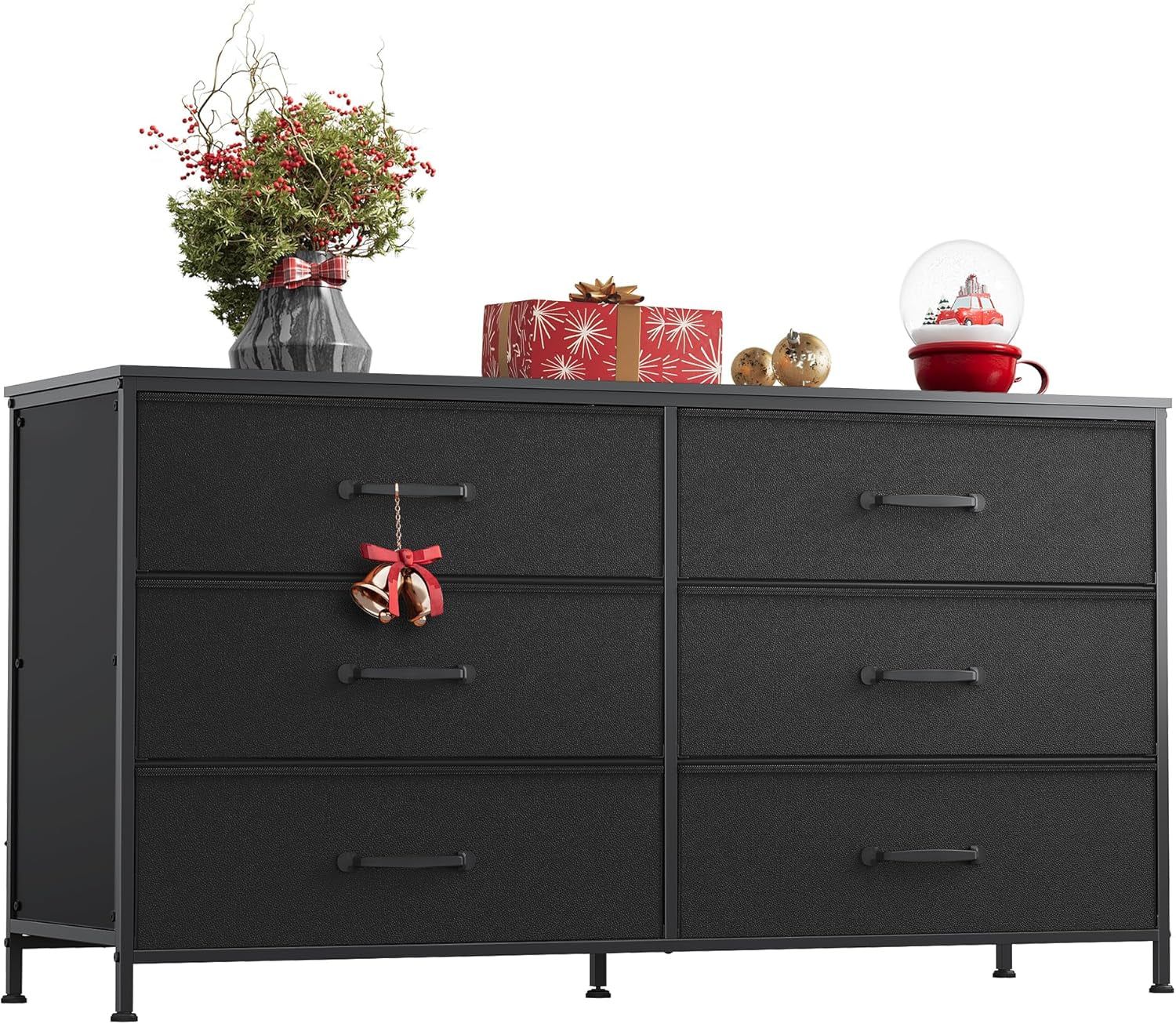 Wide Fabric Dresser, 6 Drawer Dresser TV Stand for 60&quot; TV, Dressers Bedroom Furniture Large Storage Tower Unit with Fabric Bins, Black Dresser for Bedroom, Closet, Hallway, Black