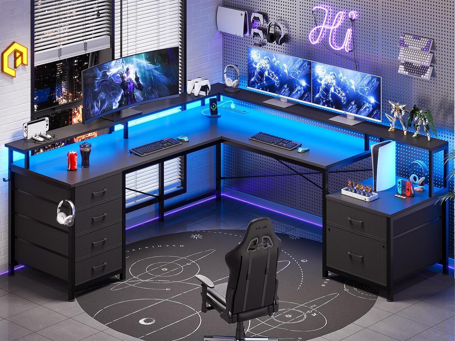 Black L-Shaped Desk with 6 Drawers &amp; File Cabinet