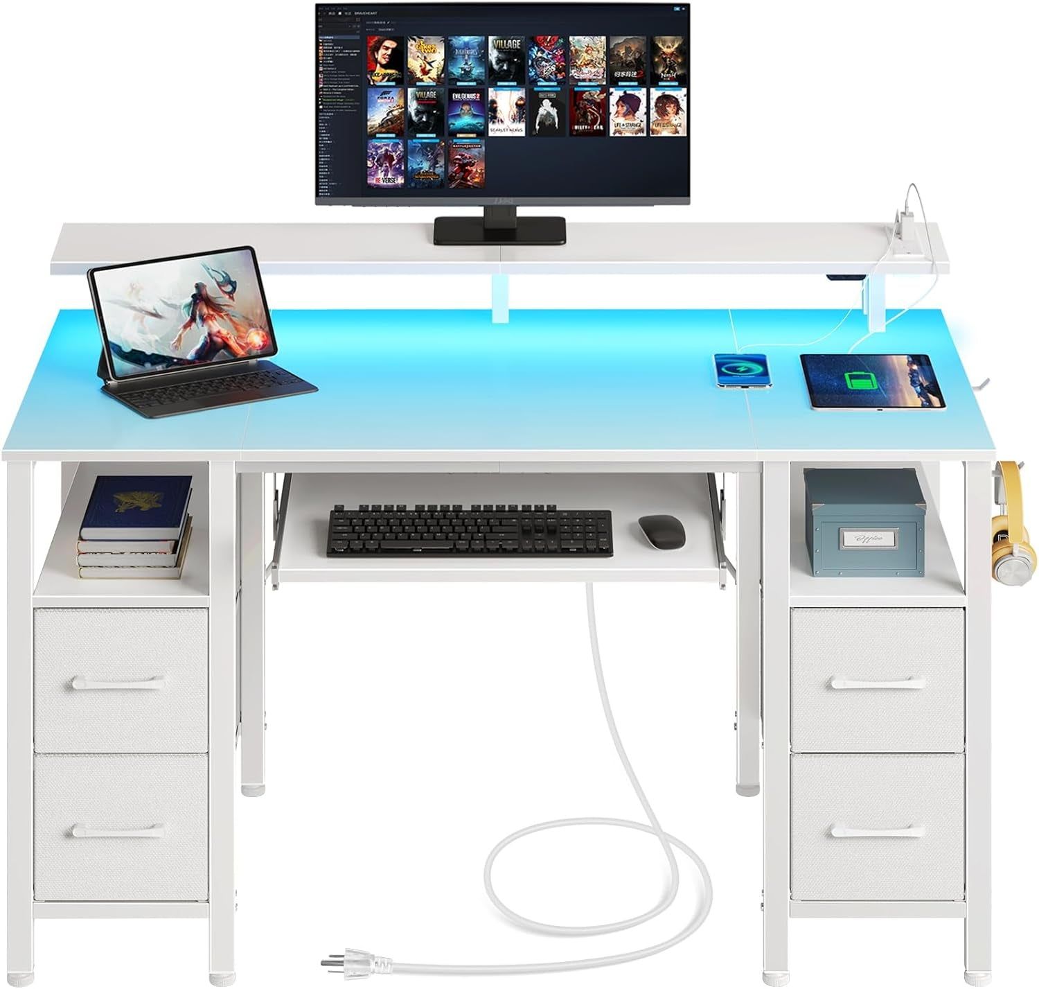 Computer Desk 47.2&quot; with LED Lights &amp; Power Outlets, Home Office Desk with 4 Drawers, Writing Desk with Keyboard Tray, Study Desk with Monitor Stand, Work Desk for Home Office, White