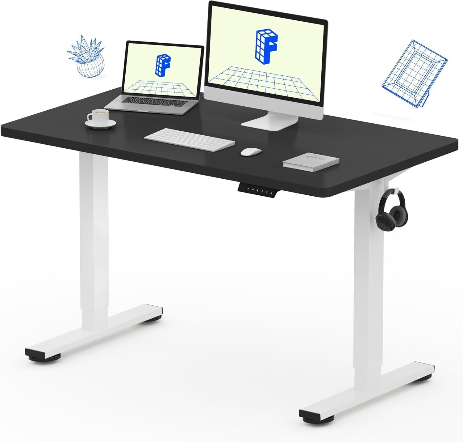 EN1 One Piece Standing Desk, 48 X 24 Inch Desktop Electric Adjustable Height Desk Home Office Computer Workstation Sit Stand up Desk (White Frame + Black Top, 2 Packages)