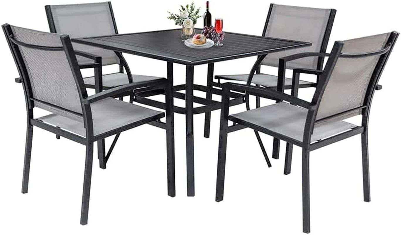5 Piece Patio Dining Set,Outdoor Furniture 4 Textilene Chairs &amp; 1 Square 38&quot;X 38&quot; Metal Slatted Table with 1.5&quot; Umbrella Hole,Outside Porch Deck Balcony Backyard Set for 4
