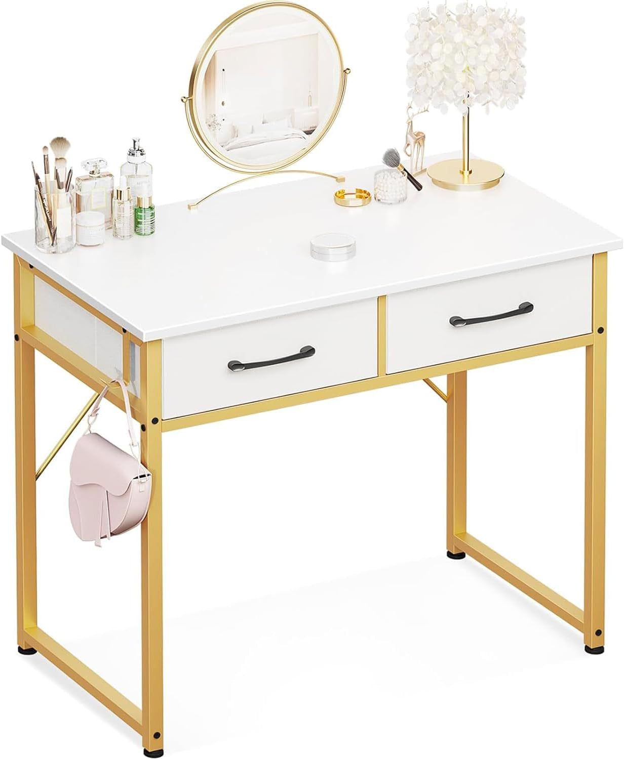Vanity Desk without Mirror, Makeup Vanity with 2 Fabirc Drawers, White Vanity Dressing Vanity Table with Versatile Hook, 32 Inch Small Vanity for Bedroom, Desk Make up for Girls, White and Gold