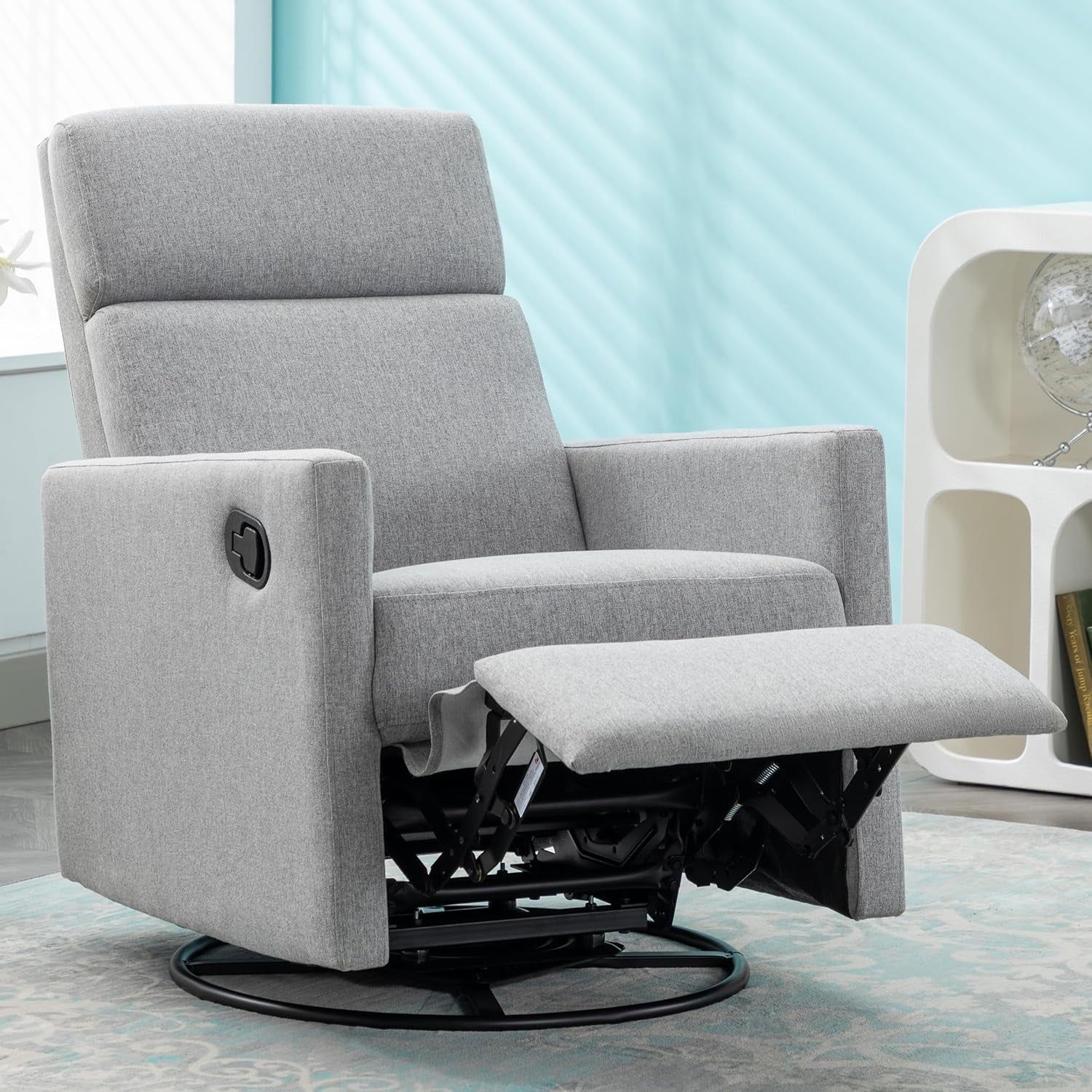 Modern Upholstered Manual Swivel Recliner Chair W/Headsupport Adjustable Nursery Glider Rocker for Living Room, Bedroom Gray