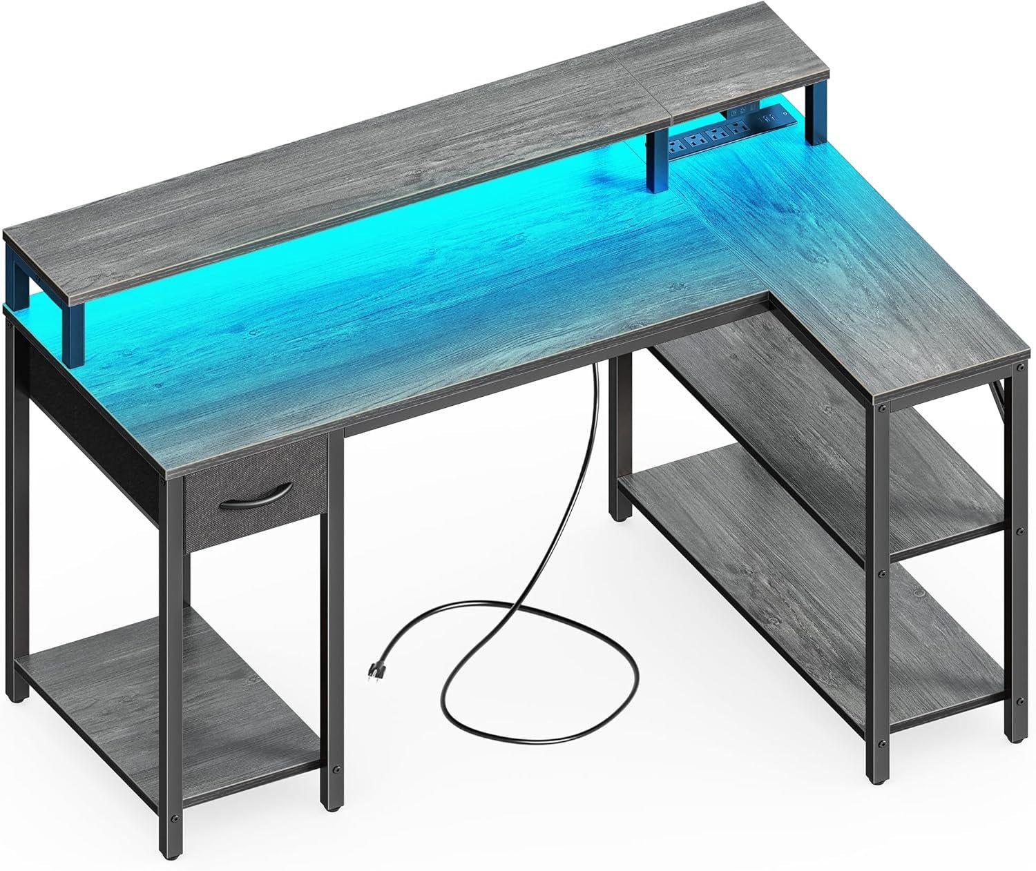 47 Inch Reversible L Shaped Desk with LED Lights &amp; Power Outlets, Computer Desk with Shelves &amp; Monitor Stand, Gaming Desk with Drawer, Home Office Desk Corner Desk, Grey