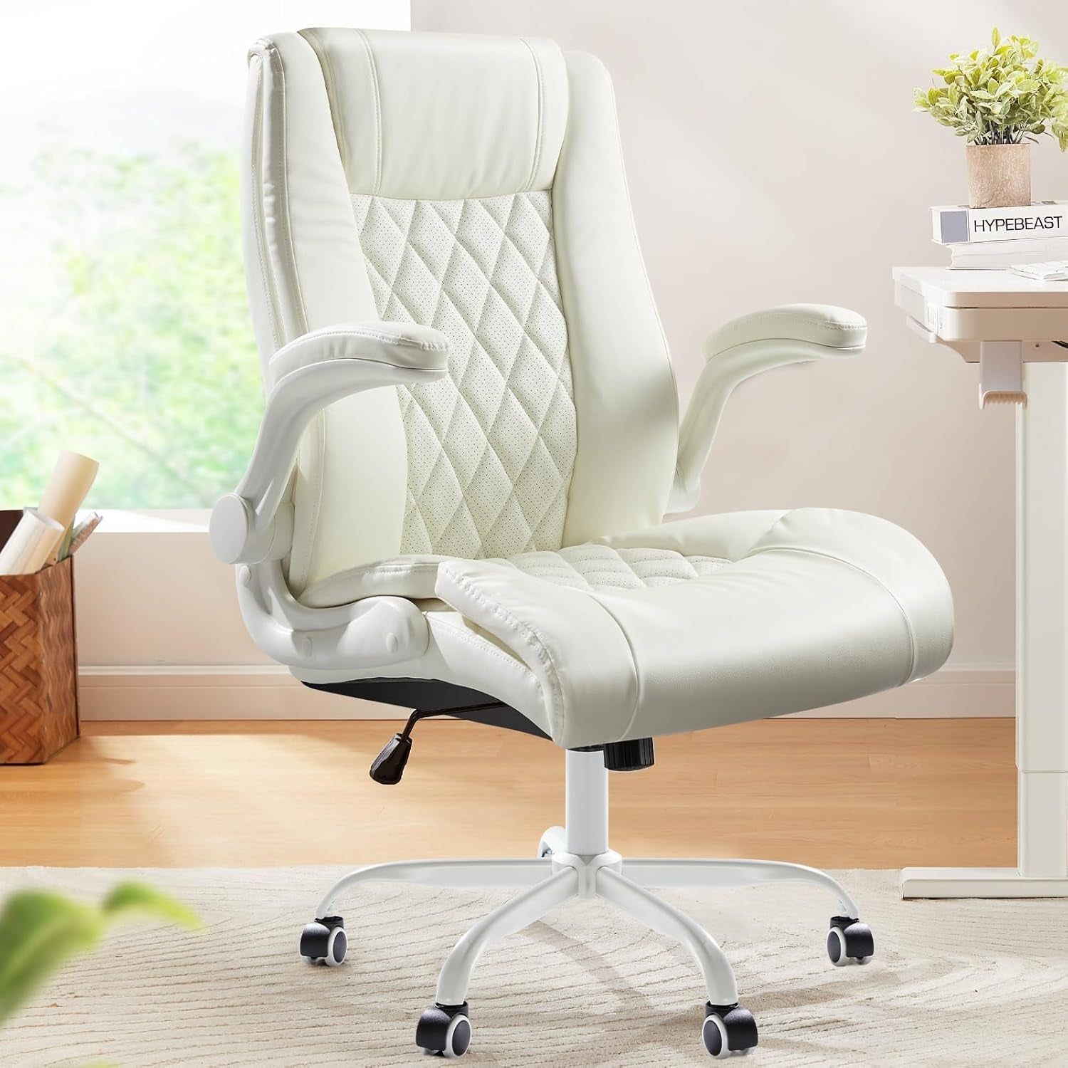 Executive Office Chair with Flip-Up Armrests,Pu Leather Ergonomic Desk Chair Height-Adjustable Swivel Rolling Computer Desk Chair