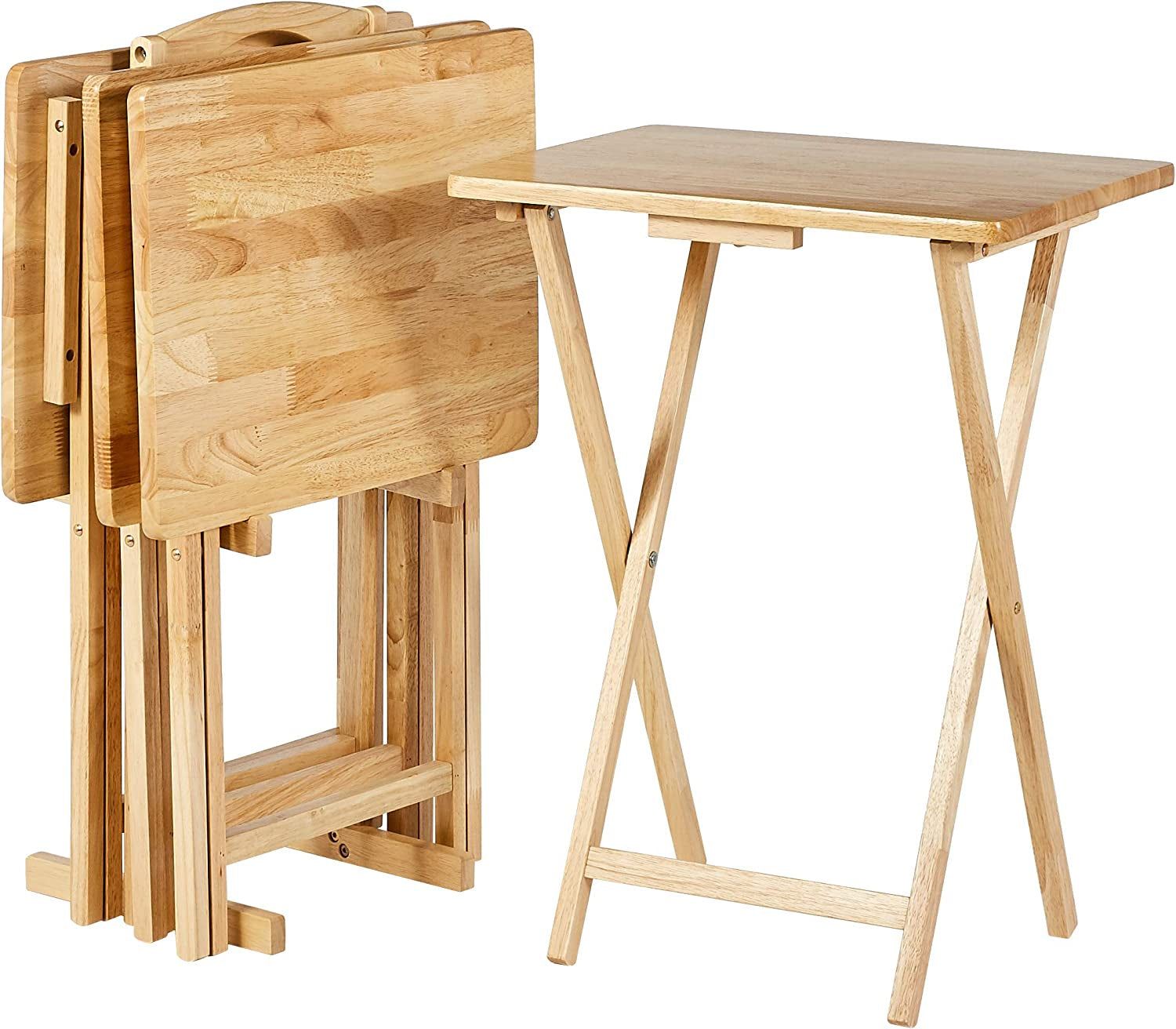 Classic Portable TV Dinner Rectangular Folding Tray Table with Storage Rack, Natural - Set of 4 Trays, 15&quot;D X 19&quot;W X 26&quot;H