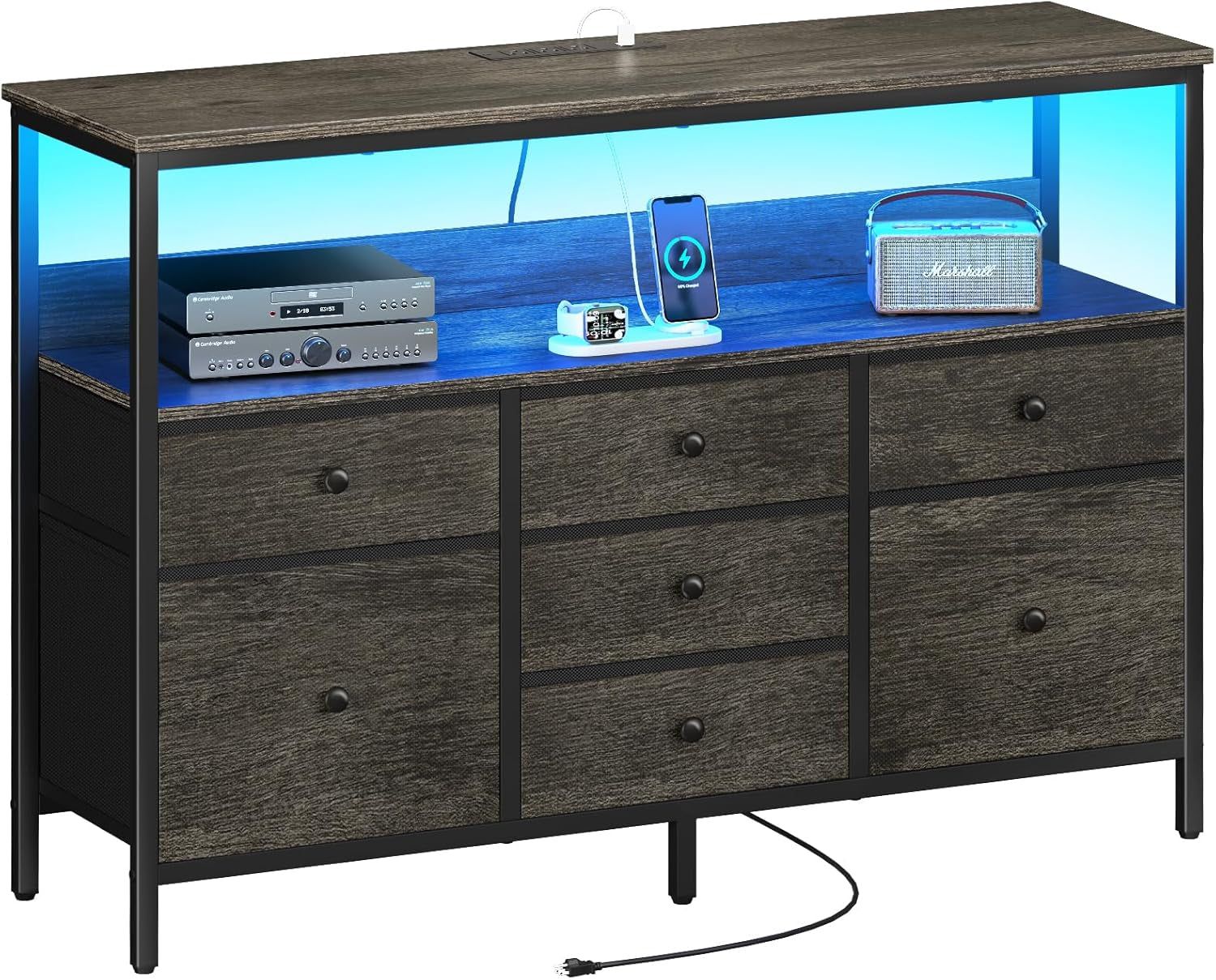 TV Stand Dresser for Bedroom, 7 Fabric Drawers Entertainment Center, LED Dressers with Power Outlets, TV Stands for Living Room with Storage Shelf, TV Console Entertainment Stand up to 50&quot; TV