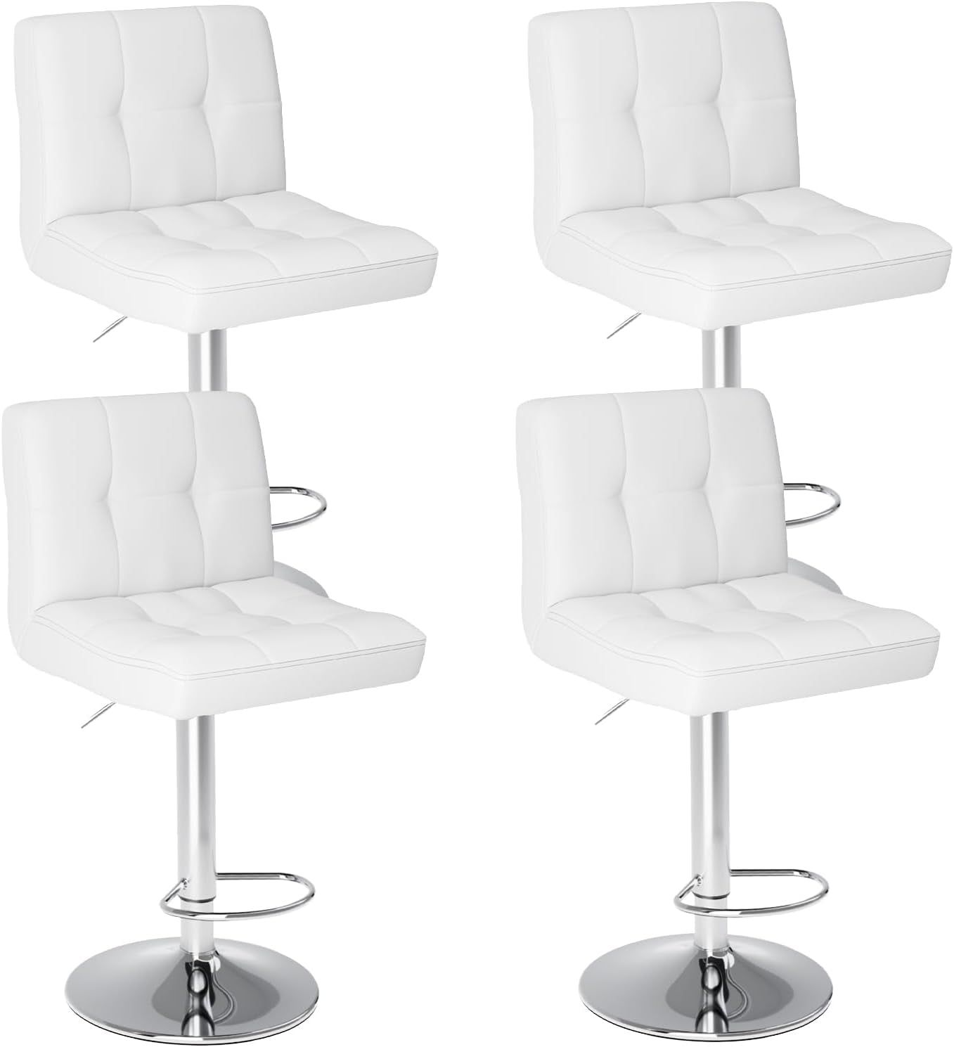 Bar Stools Set of 4, Armless PU Leather Adjustable Swivel Barstools, Hydraulic Kitchen Counter Height Thickened Seat Cushion Square Island Countertop Chairs with Back, Light White