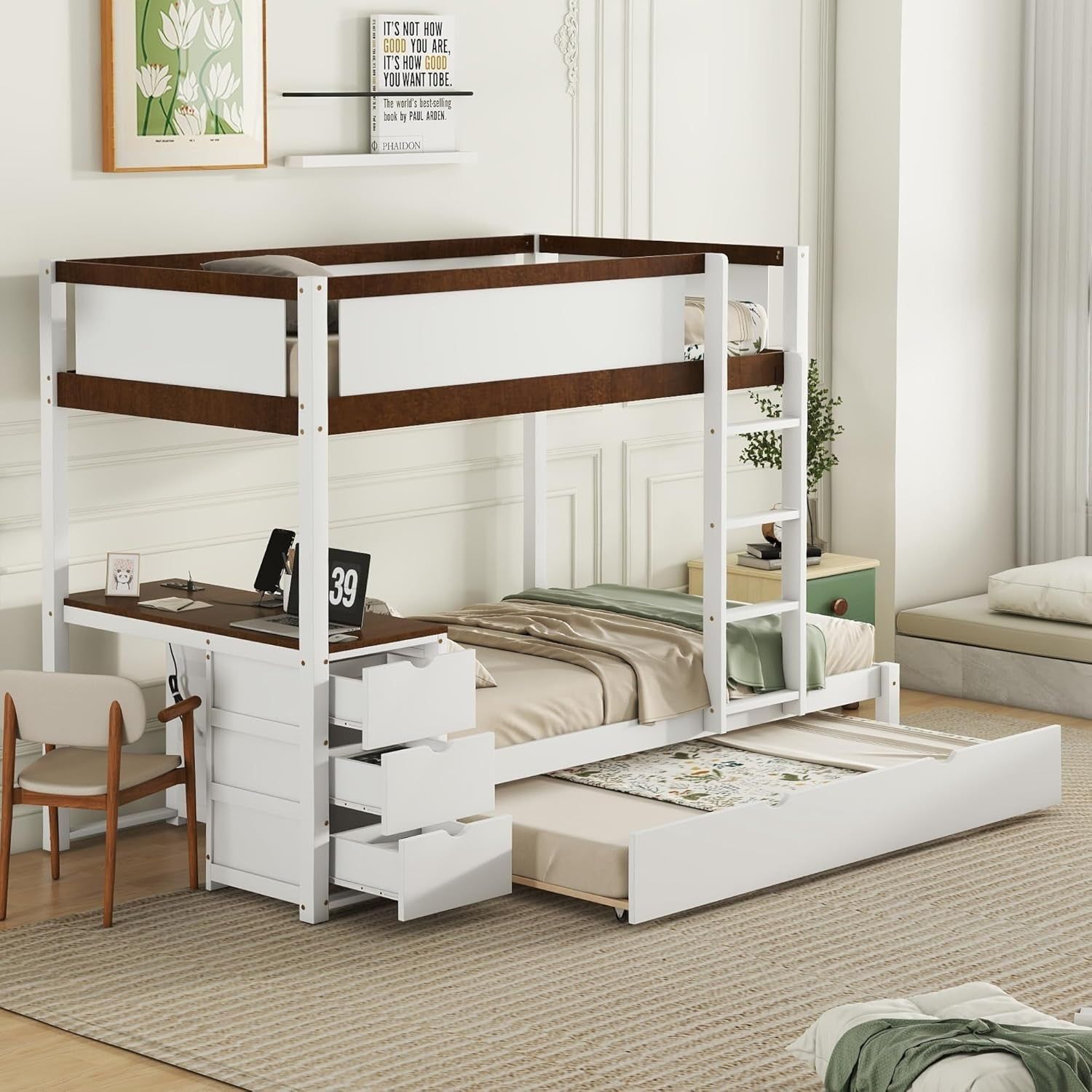Twin over Twin Bunk Bed Twin Size Trundle, Wood Twin Bunk Bed with USB Ports, Storage and Desk, White+Walnut