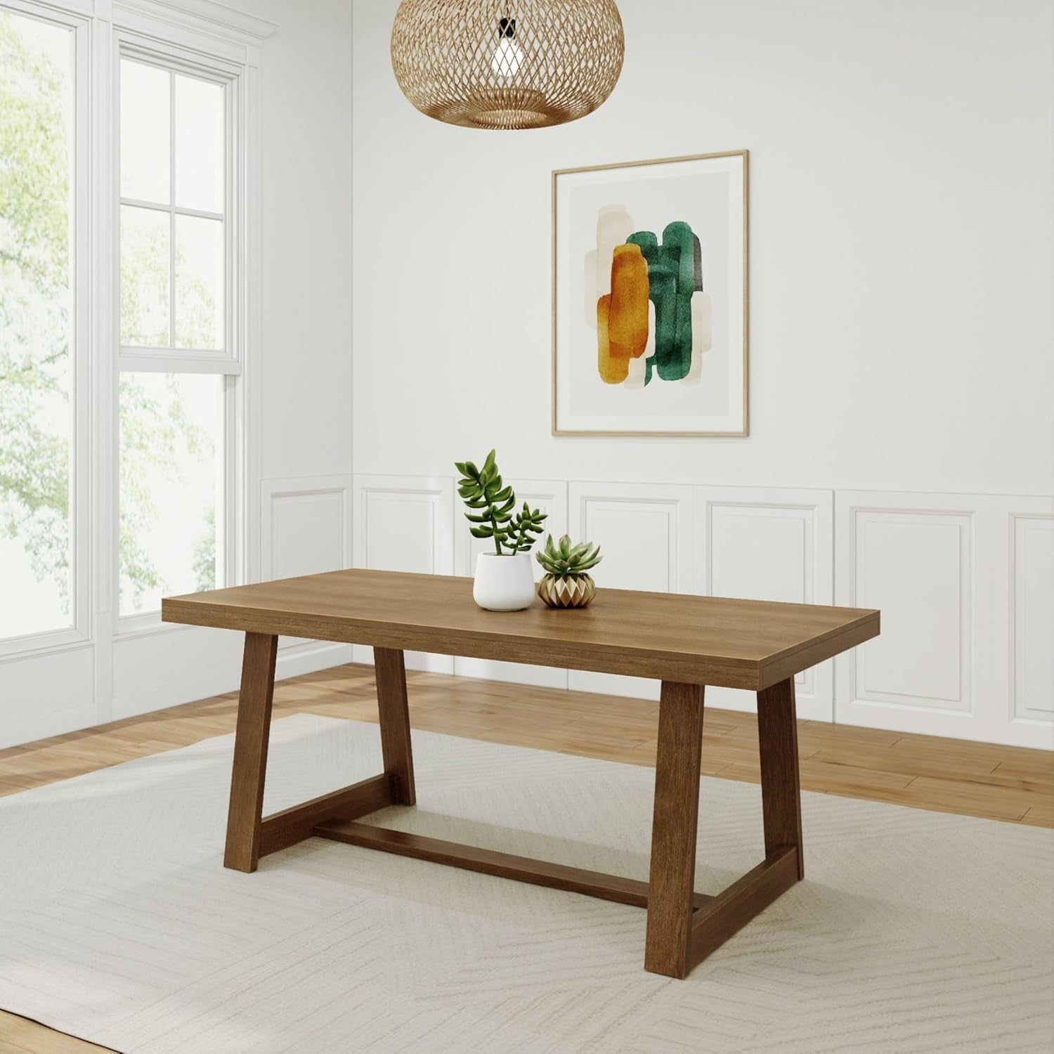 72 Inch Farmhouse Dining Table, Solid Wood Rustic Kitchen Table, Large Wooden Rectangular Dinner Table for Dining Room, Home Office, Living Room Furniture, Easy Assembly, Pecan Wirebrush