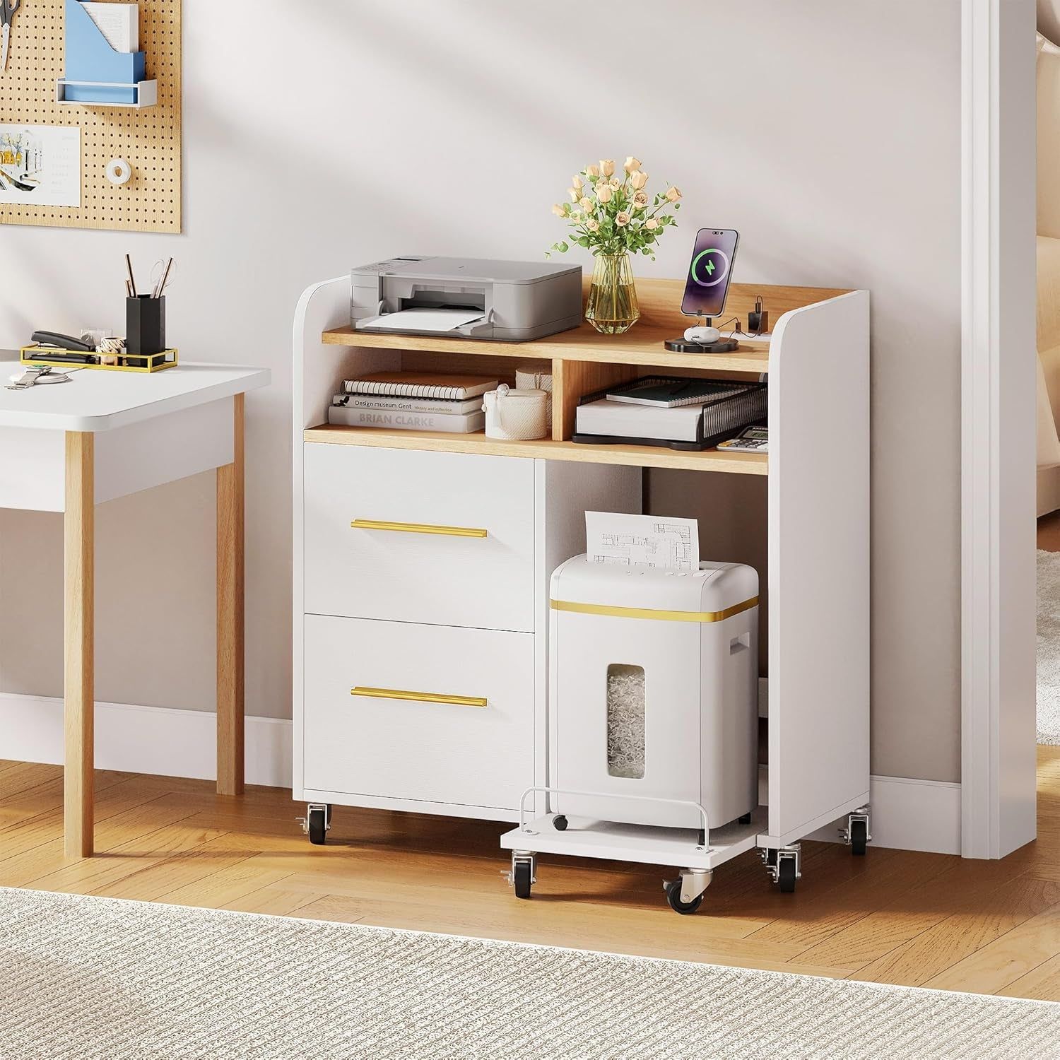File Cabinet with Charging Station, 2 Drawer Lateral Filing Cabinet, Printer Stand with Open Storage Shelf for Home Office, White