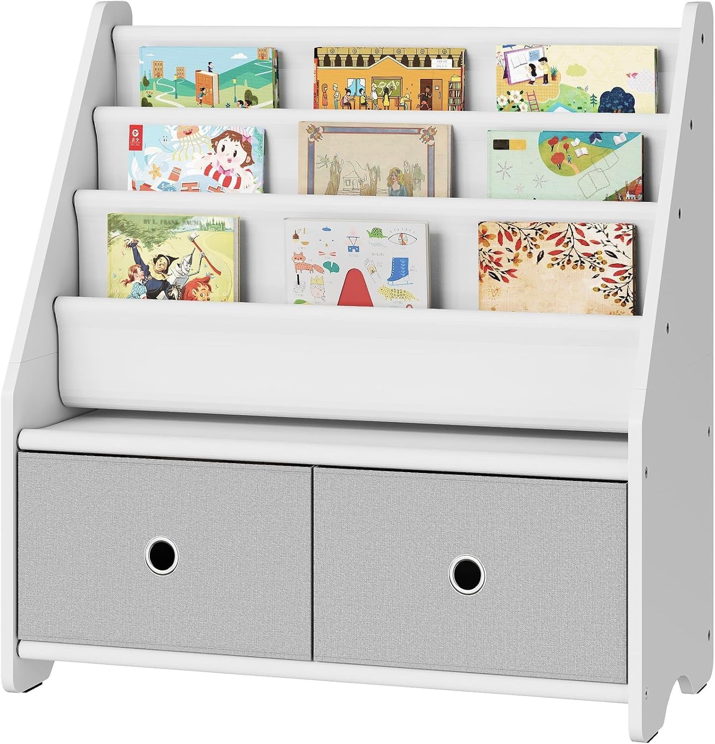 Kids Bookshelf and Toy Storage, 4 Tier Large Capacity Kids Book Rack, Sling Kids Bookcase, for Kids Room, Nursery, Playroom, White and Gray MCW06WT