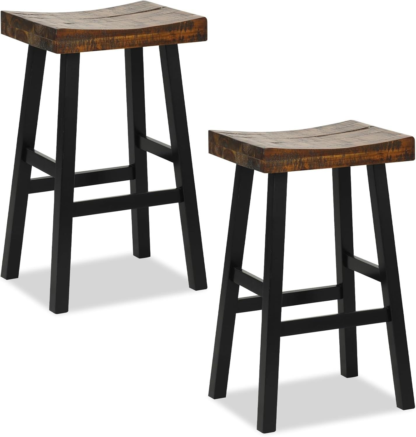 Bar Stools Set of 2, 29&quot; Bar Height Saddle Stools, Bar Dining Chairs with Rubber Wood Frame &amp; Footrest, Backless Barstools for Kitchen Island, Dining Room, Pub, Rustic Brown