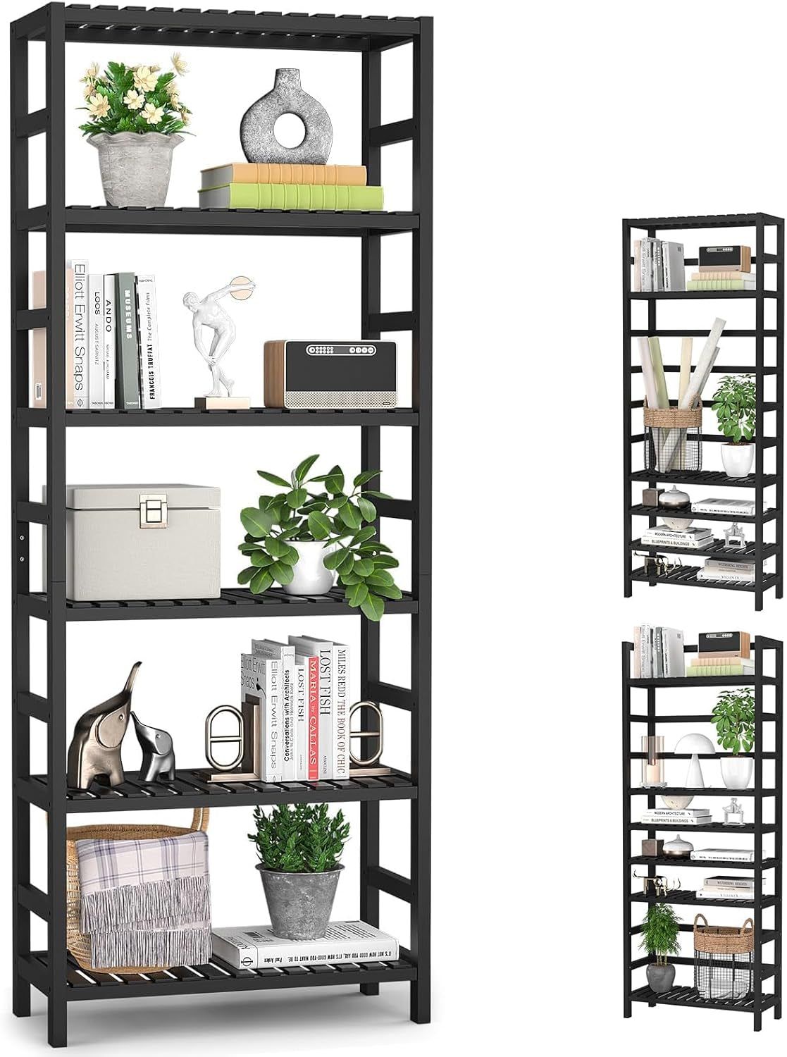 6-Tier Bamboo Bookshelves and Bookcases, Adjustable 63.4”Tall Shallow Book Shelf Organizer Rack, Freestanding Storage Shelving Unit for Living Room, Kitchen, Bathroom, Office, Black