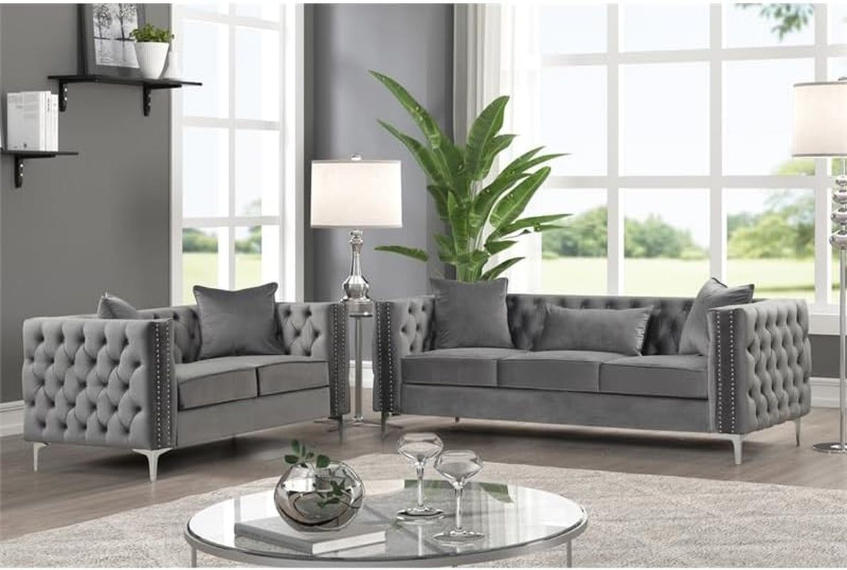 Modern Velvet Fabric Sofa and Loveseat Living Room Set -Gray
