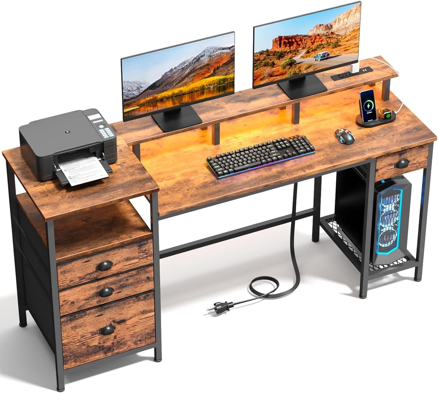Computer Desk with 4 Drawers, 60&quot; Office Long Desk with Fabric File Cabinet and Power Outlets, Gaming Desk with LED Lights, Study Writing Work Desk for Home Office, Rustic Brown