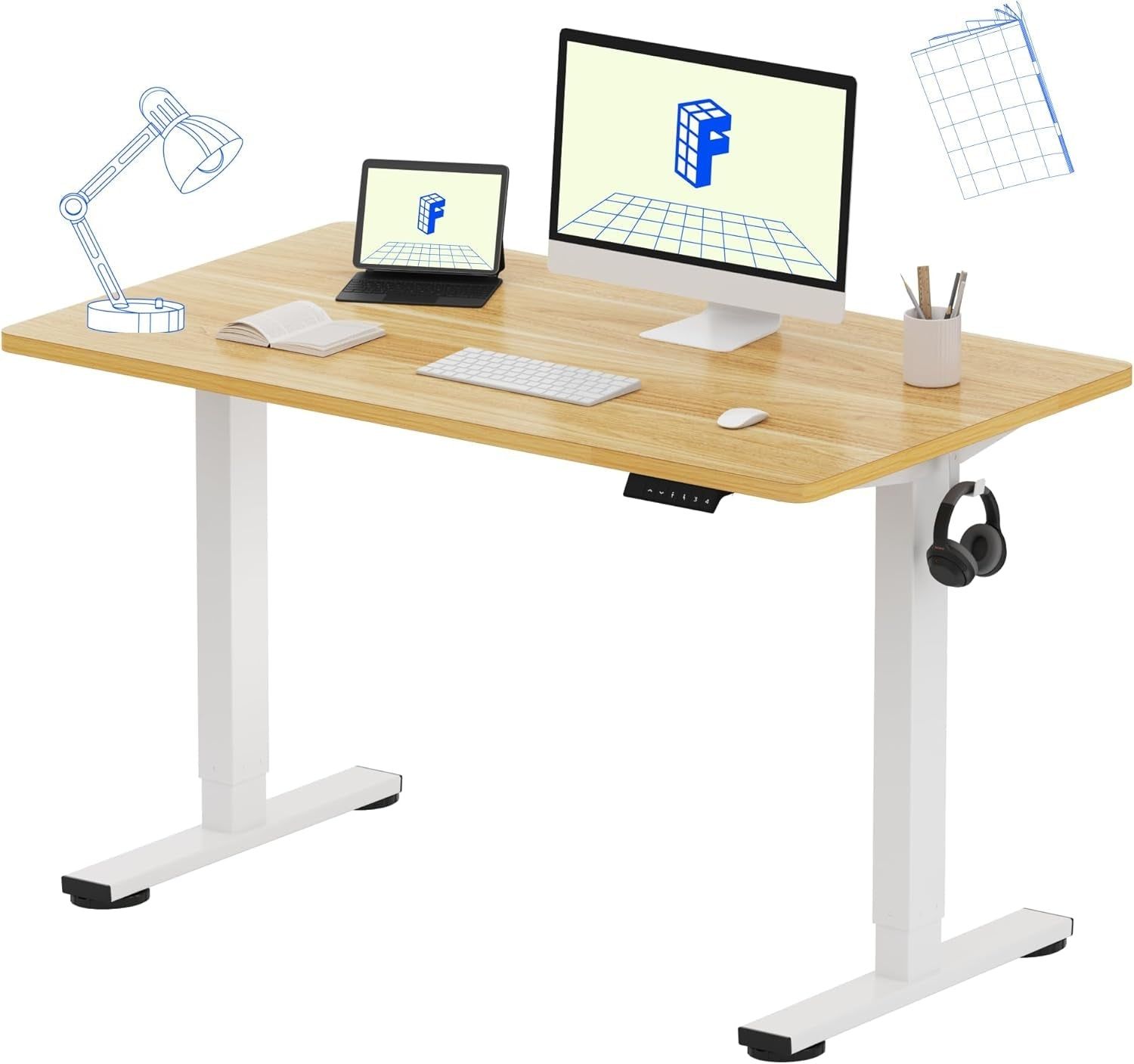 EN1 One Piece Standing Desk, 48 X 24 Inches Height Adjustable Desk Electric Stand up Desk Home Office Table for Computer Laptop (White Frame + Maple Desktop)