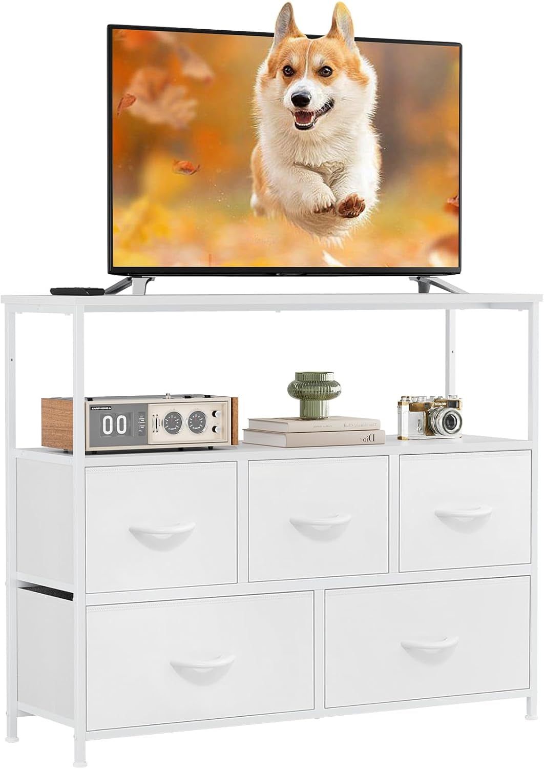TV Stand Dresser for Bedroom with 5 Fabric Drawer,Entertainment Center for 45 Inch Television, Media Console Table with Storage, Open Shelf, Adjustable Feet, Living Room Furniture, White