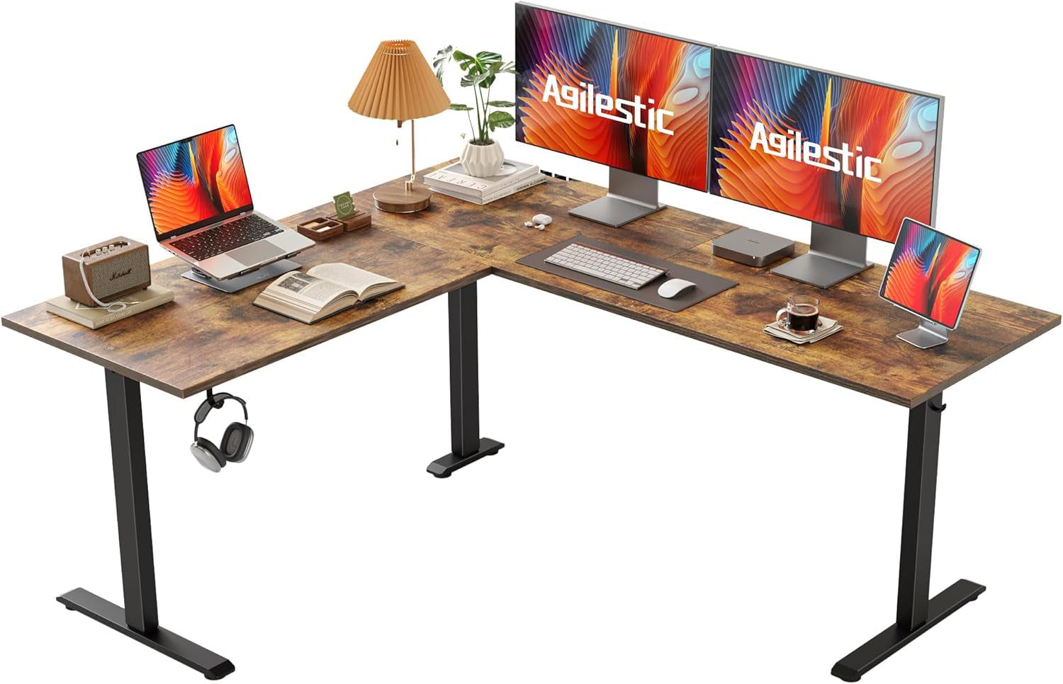 L Shaped Standing Desk Adjustable Height, Electric Corner Standing Desk, 63 X 55 Inch Sit Stand Computer Table with Splice Board, Rustic Brown