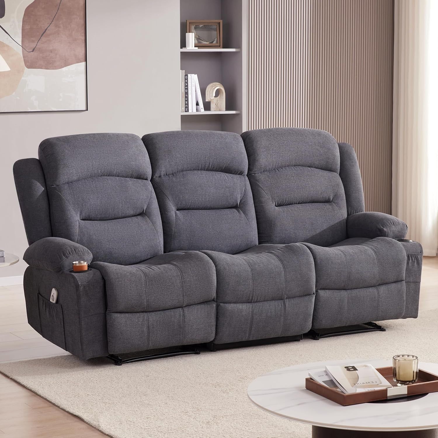 Oversized Recliner Sofa with Heat and Massage, Wall-Hugger Reclining Sofa with USB Port and Cup Holders, Big Large 3-Seater RV Recliner Sofa Couch for Living Room (Fabric, Grey)