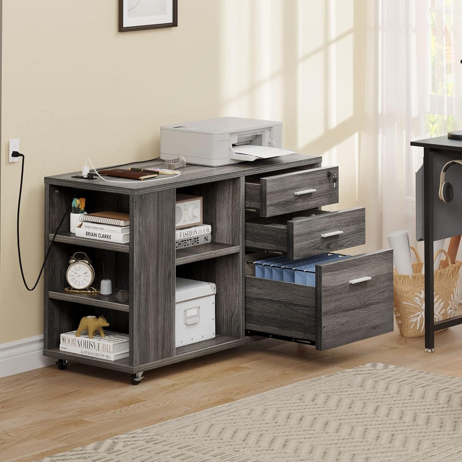 Grey Filing Cabinet with Charging Station &amp; Lock
