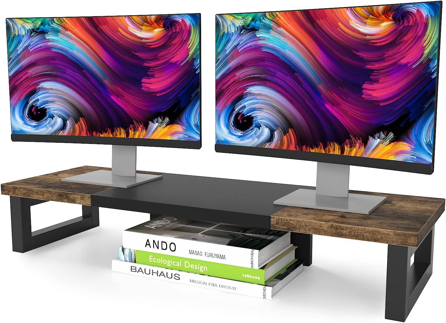 Dual Monitor Stand Riser, Wood and Steel Monitor Stand Riser, Computer Monitor Stand for 2 Monitors, Multi-Purpose Desktop Storage Stand for Computer,Laptop,Printer,Tv