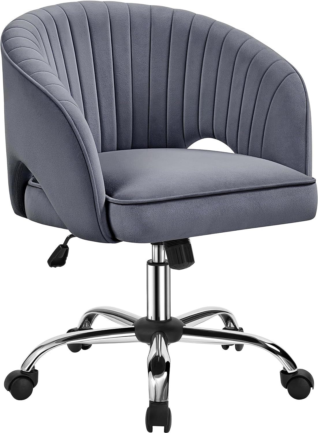 Home Office Chair Velvet Desk Chair, Upholstered Modern Swivel Chair with Tufted Barrel Back, Rolling Wheels for Office, Study, Vanity, Bedroom Dark Gray