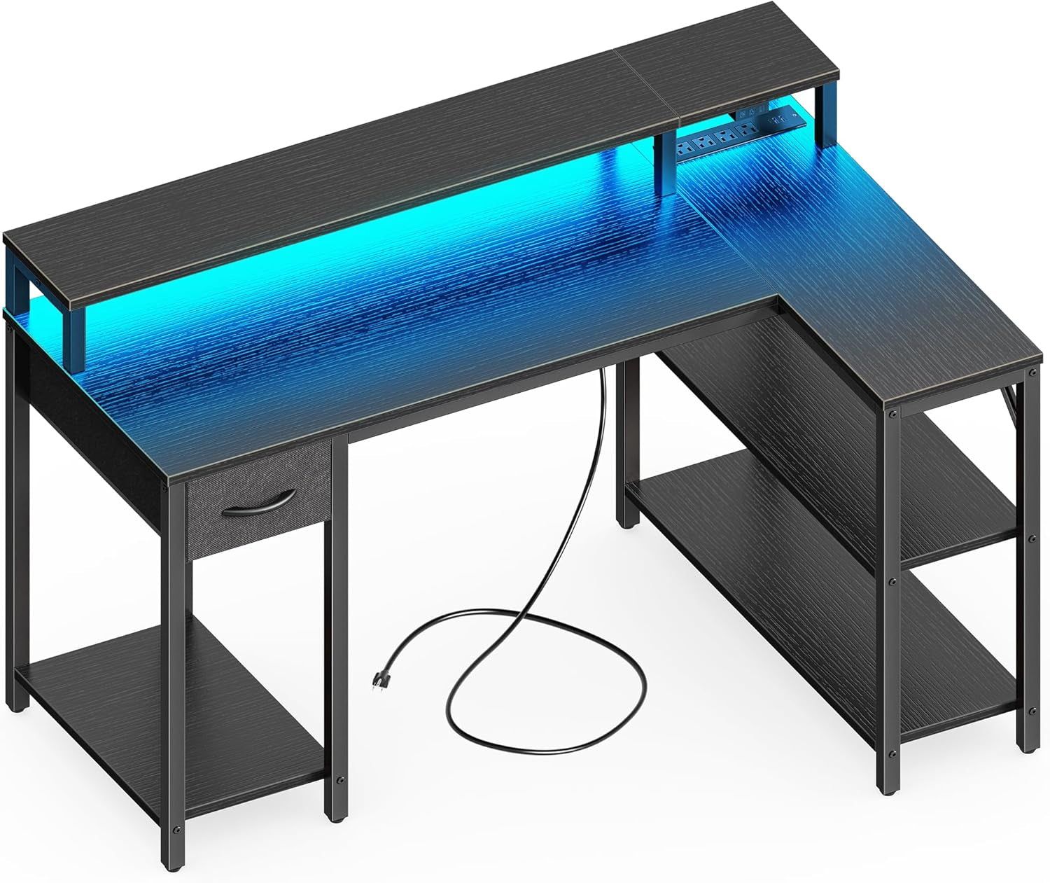 47 Inch Reversible L Shaped Desk with LED Lights &amp; Power Outlets, Computer Desk with Shelves &amp; Monitor Stand, Gaming Desk with Drawer, Home Office Desk Corner Desk, Black