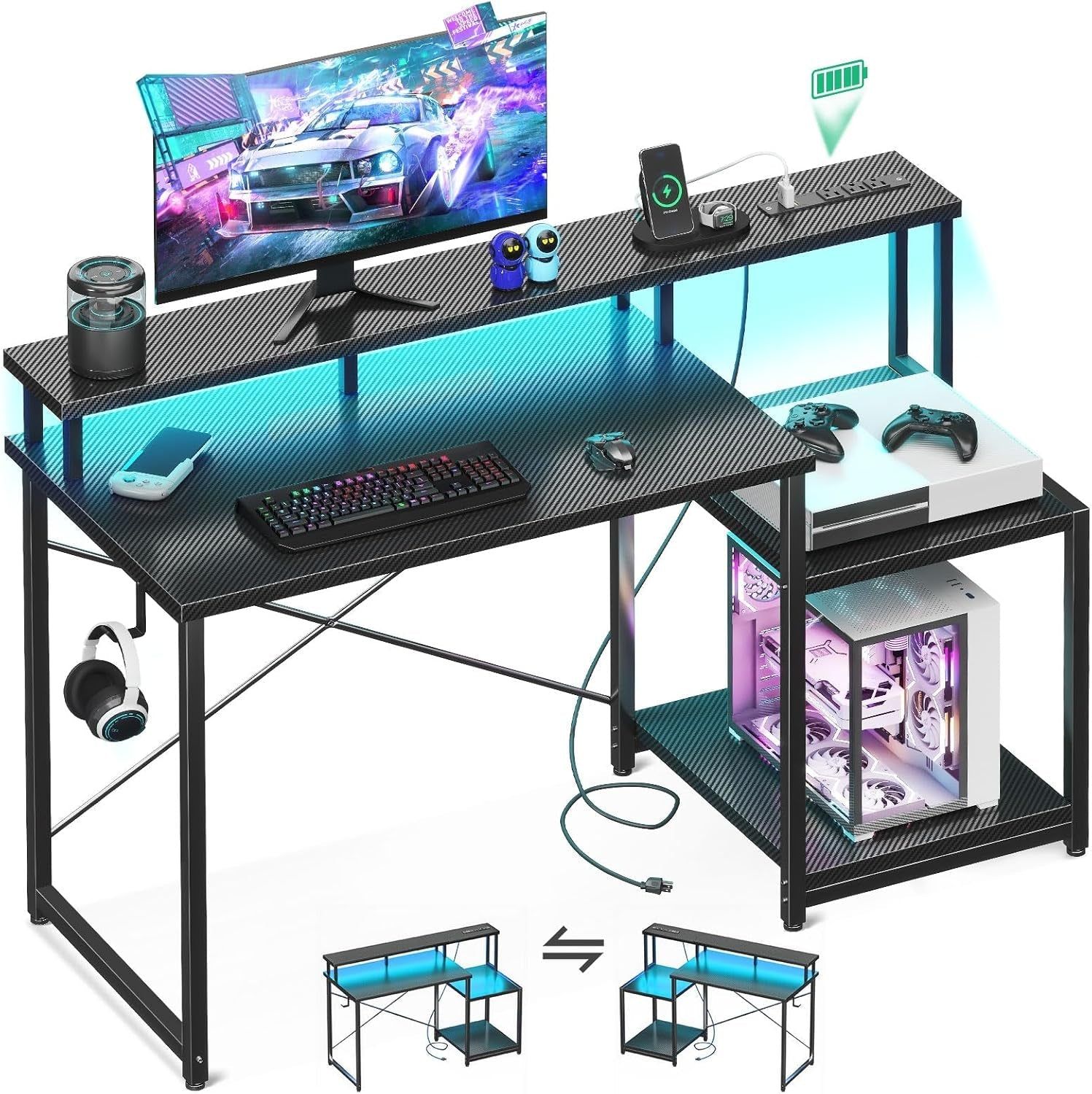 Computer Desk, 48 Inch Gaming Desk with Led Lights &amp; Power Outlet, Office Desk with Printer Storage Shelves, Reversible Desk with Monitor Shelf &amp; Headphone Hook, Carbon Fiber Black