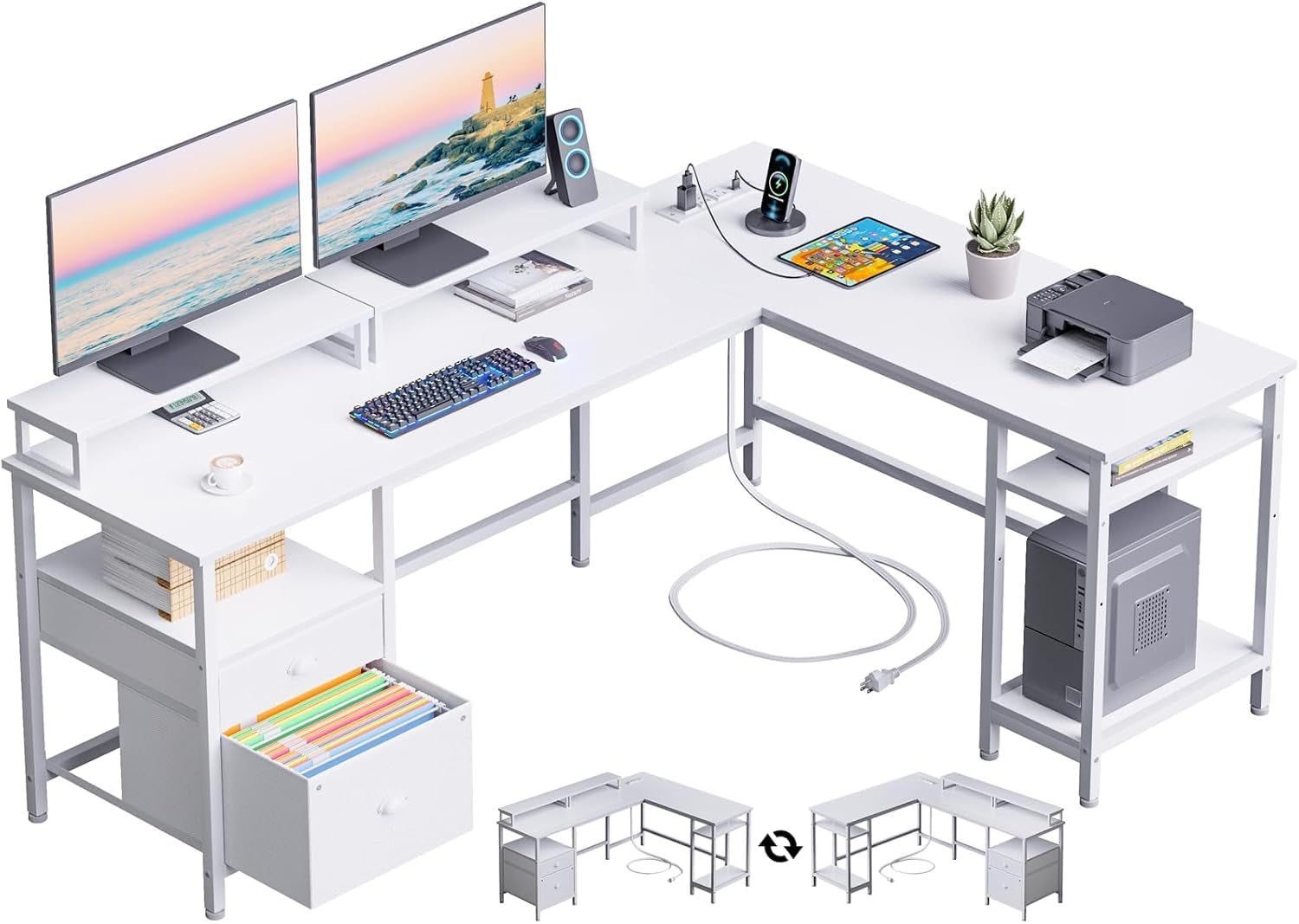 66” L Shaped Desk with Power Outlet, Reversible Computer Gaming Desk with File Drawer &amp; 2 Monitor Stands for Home Office with Storage Shelves, White