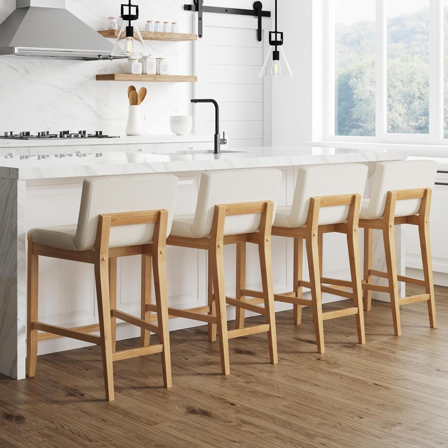 Gracie Modern Counter Height Bar Stool with Back, Counter Stool Upholstered Chair with Natural Textured Linen and Brushed Wooden Legs, Cream Boucle/Light Brown, Set of 4