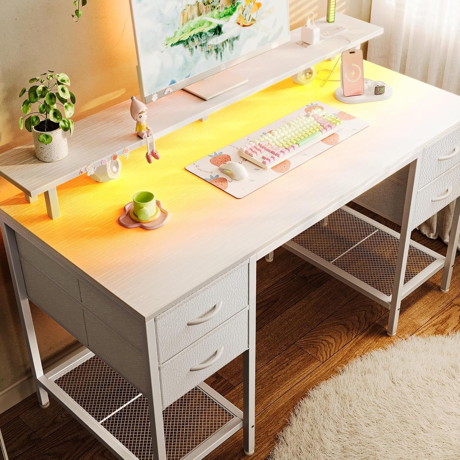 47 Inch Computer Desk with 4 Drawers, Gaming Desk with LED Lights &amp; Power Outlets, Home Office Desk with Large Storage Space for Bedroom, Work from Home, White
