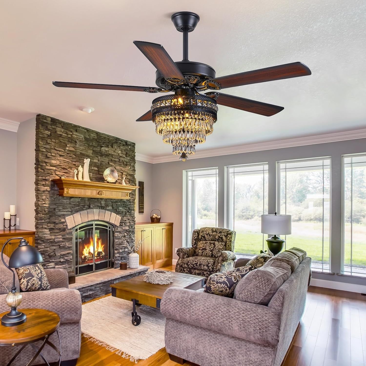 Crystal Ceiling Fan Fandelier with Lights - Modern Outdoor Fans with Remote Control，Noiseless AC Motor, Retro/Farmhouse Lighting, Dining Room， Living Room (52&quot;