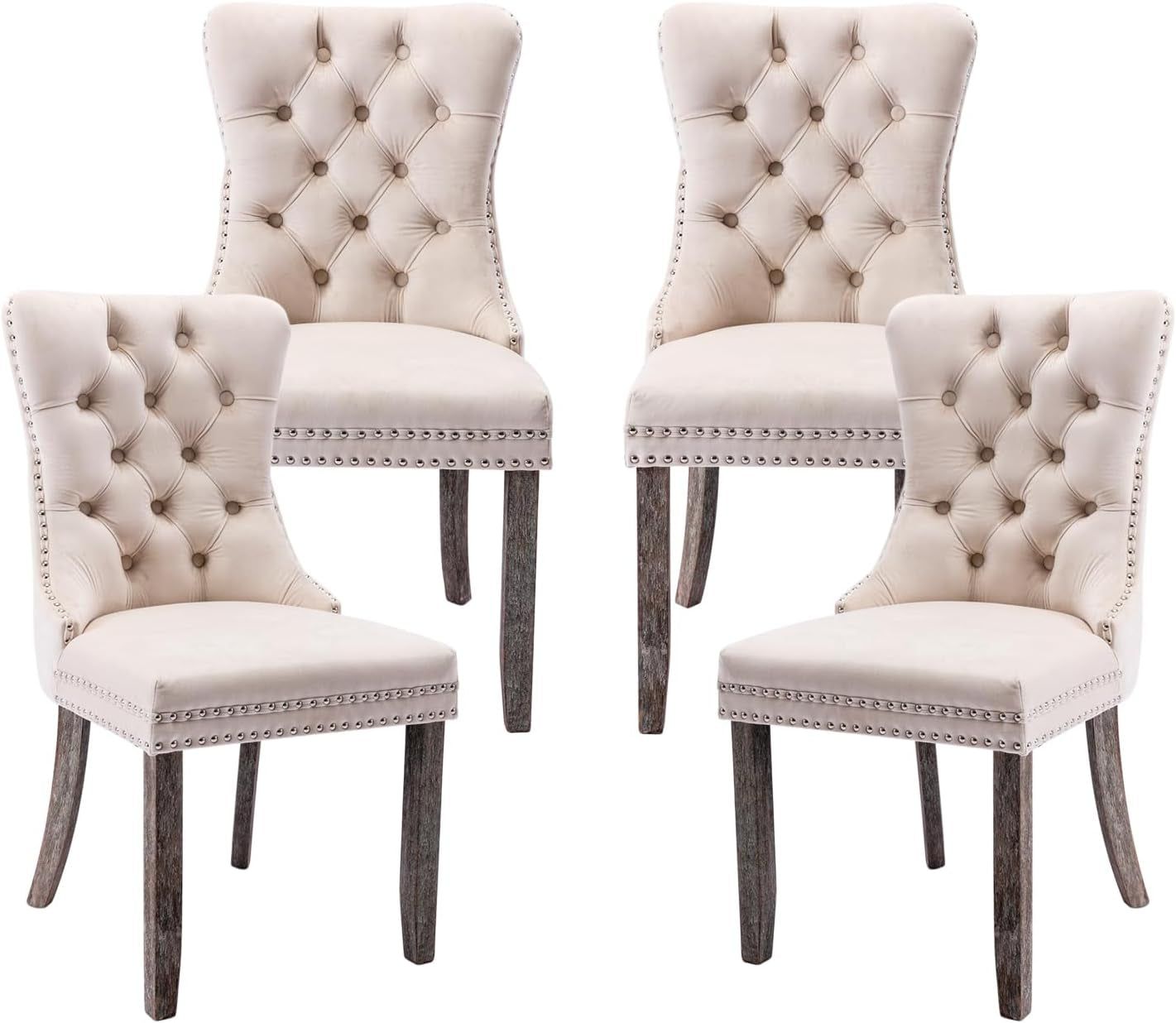 Velvet Dining Chairs Set of 4,Upholstered Dining Chairs with Ring Pull Trim and Button Back,Modern Seating for Living Room, Bedroom, Kitchen (Beige)