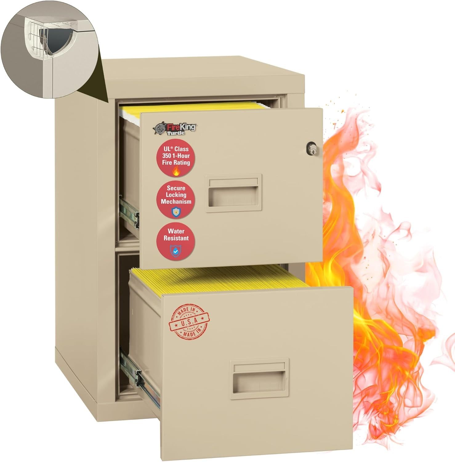 Turtle Vertical 2 Drawer Legal and Letter Fire Safe File Cabinet with Key Lock, 1 Hour Fire Rated, UL Rated &amp; Water Resistant Home Safe, Filing Cabinet, Made in the USA, Parchment