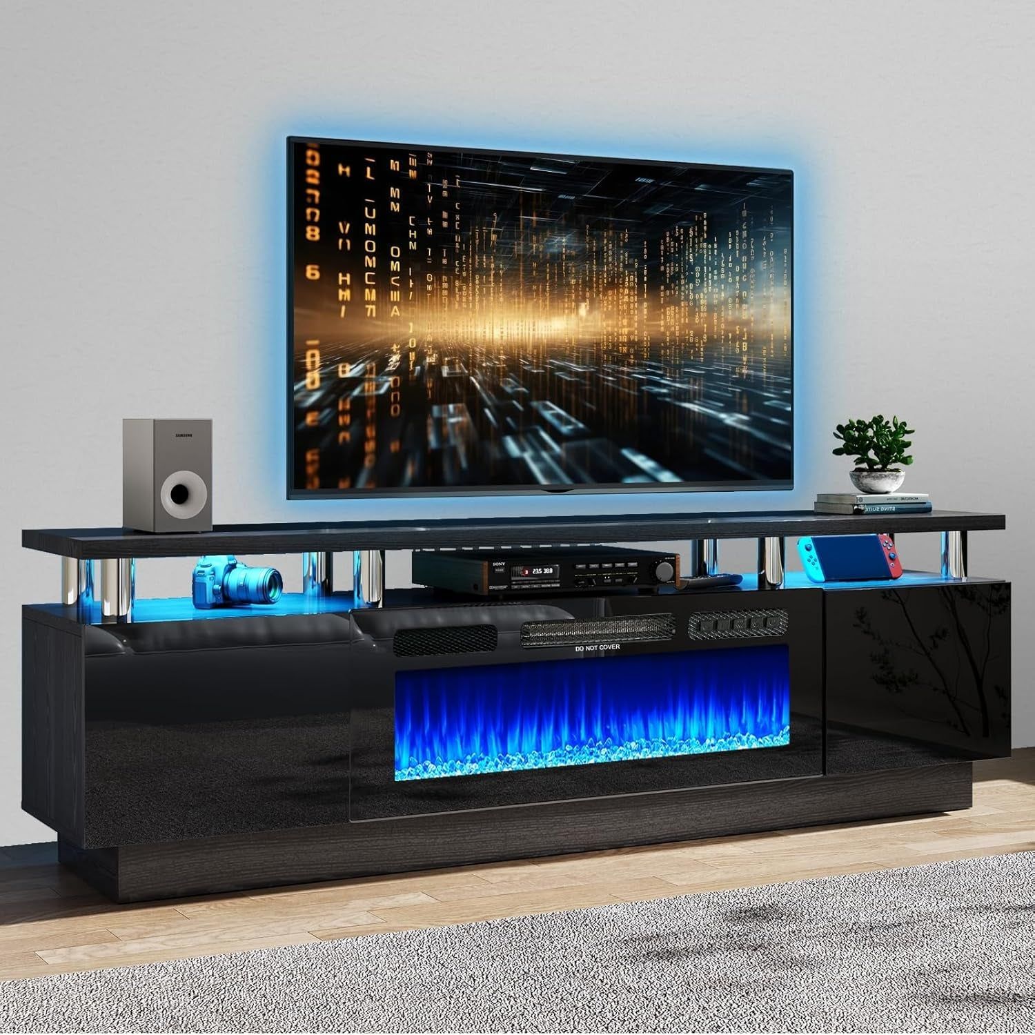 80&quot; Modern Electric Fireplace TV Stand for Tvs up to 90 Inch, with Electronic Flame and LED Lights, Luxury High Gloss Finish Entertainment Center, TV Console Cabinet for Living Room, Black
