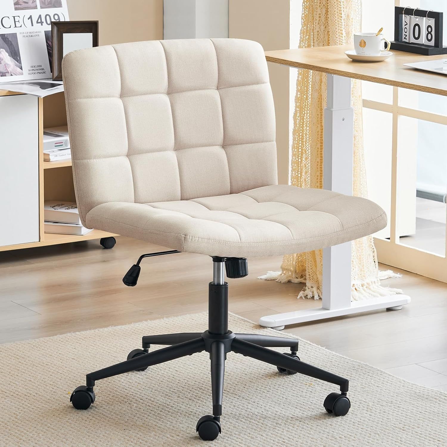 Swivel Criss Cross Legged Chair with Wheels for Home Office, Wide Armless Desk Chair Height Adjustable Comfy Seat for Desk,Vanity, Bedroom, Beige