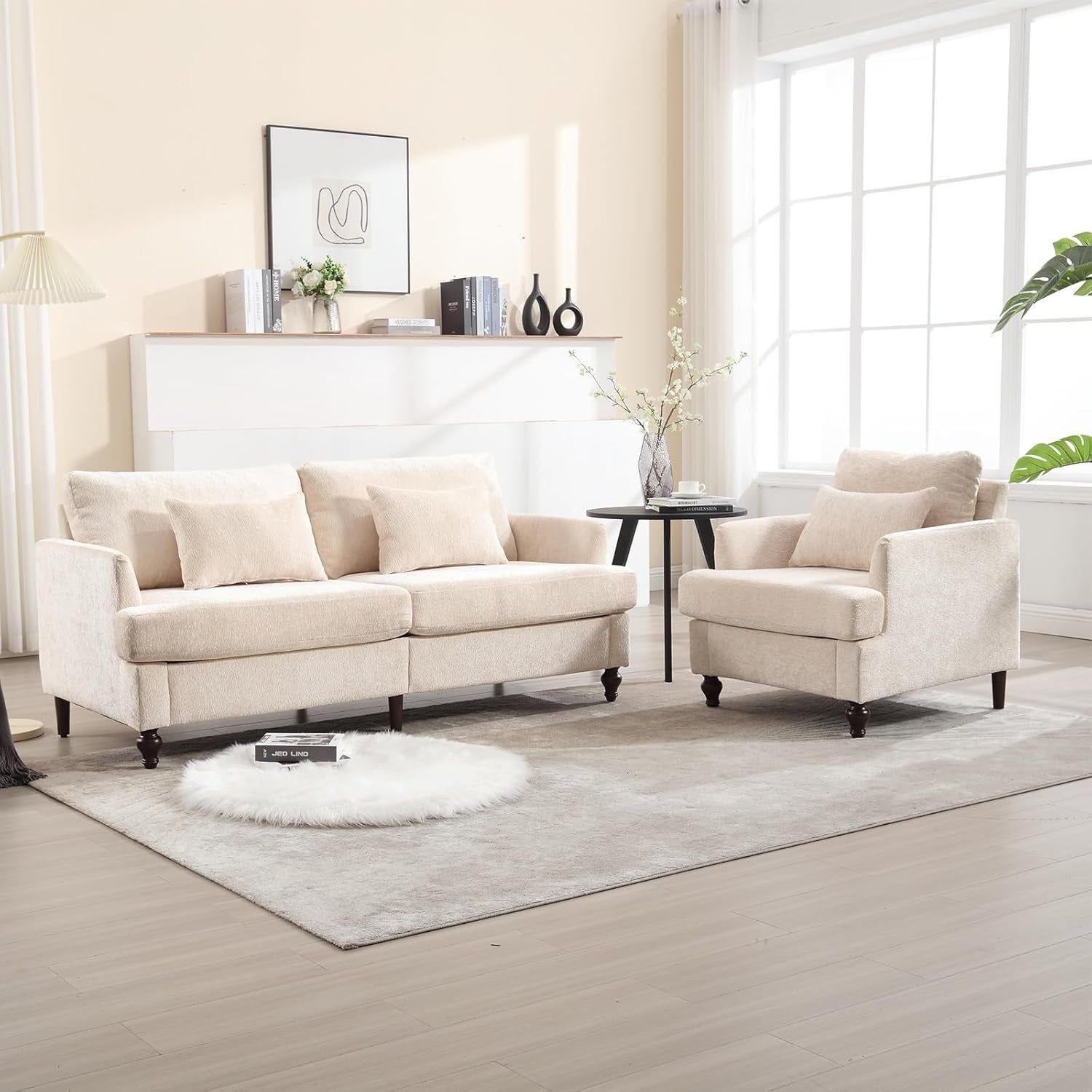 2 Pieces Living Room Furniture Sets, Loveseat Couch and Accent Chair, Mid-Century Modern Sofa Set for Living Room, Apartment, Office, Bedroom (Beige, Chenille)