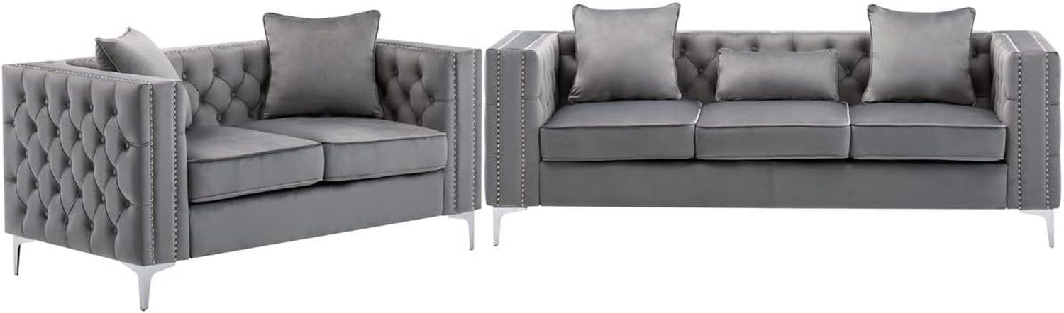 Lorreto Gray Velvet Fabric Sofa Loveseat Living Room Set