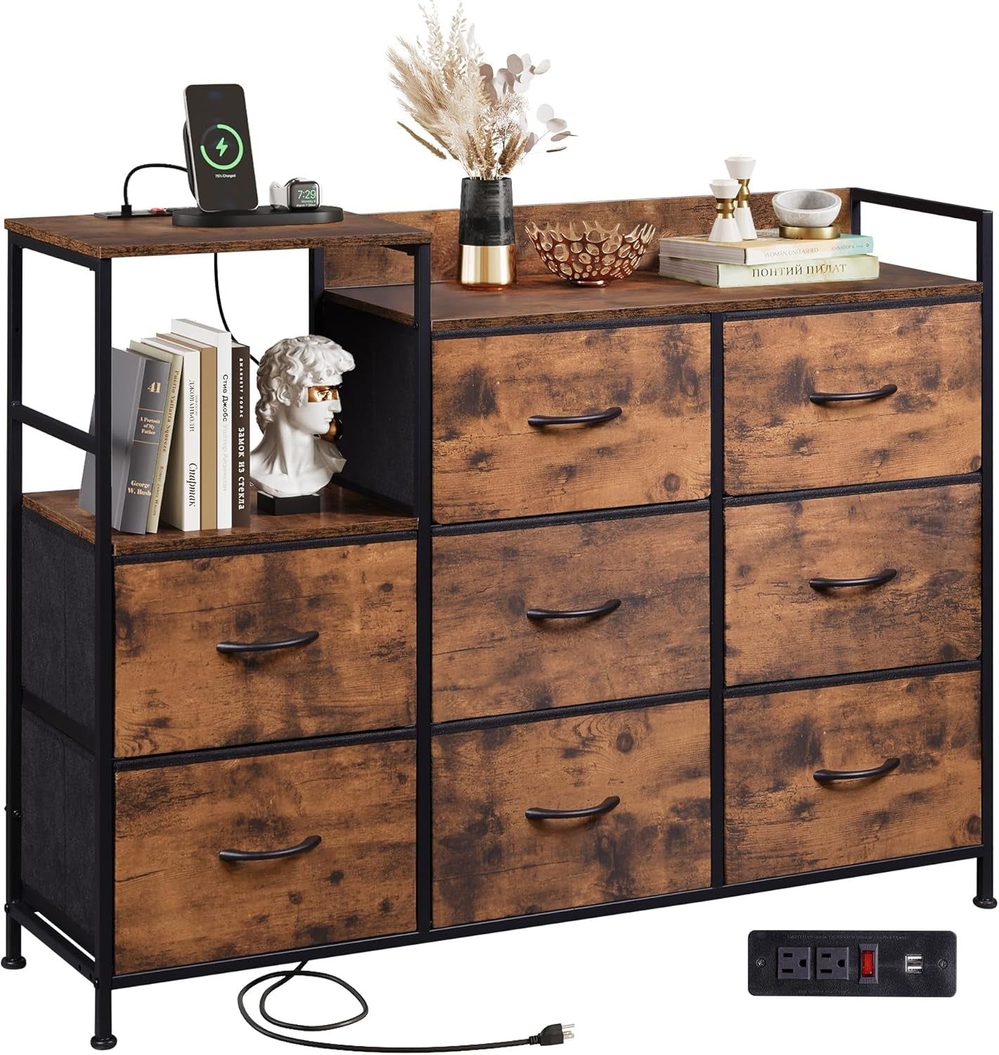 Dresser TV Stand for Bedroom with Charging Station, Wide Storage Chest of Drawers with 8 Large Fabric Drawers and Open Shelves, Storage Organizer Unit for Closet, Living Room, Rustic Brown