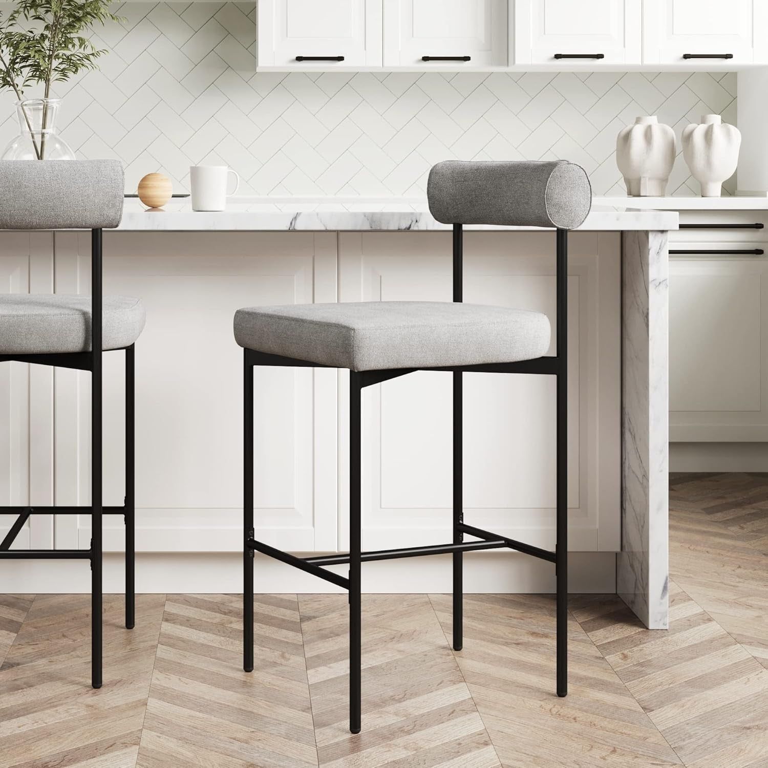 Dahlia Counter Height Chair, Modern Barstool with Back, Mid-Century Metal Legs and Padded Cushion for Kitchen, Island and Bars, Light Grey/Black