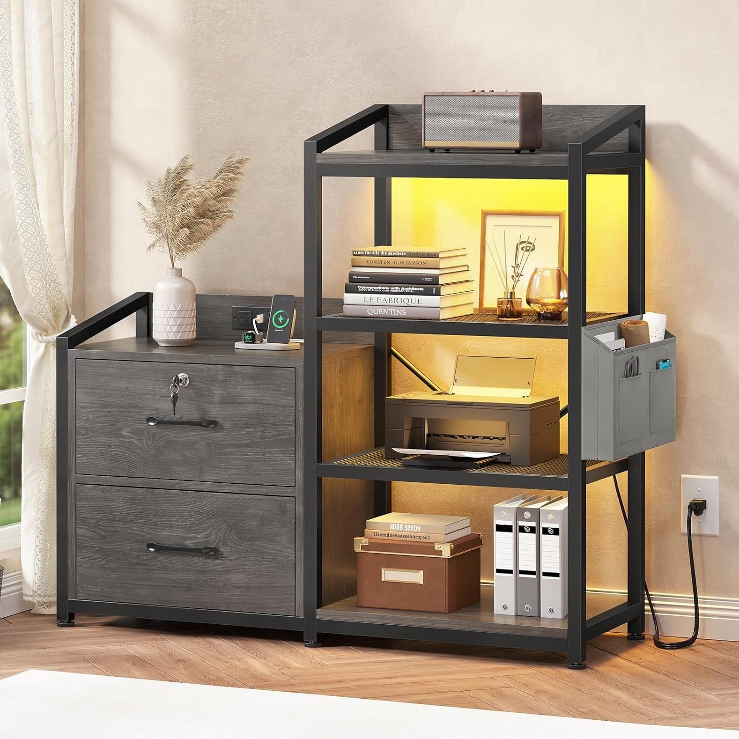 2 Drawer File Cabinet, Filing Cabinet Fits Letter Legal, A4 Size, File Cabinets for Home Office with Lock, Power Strip, LED Lights and Open Shelf, Grey