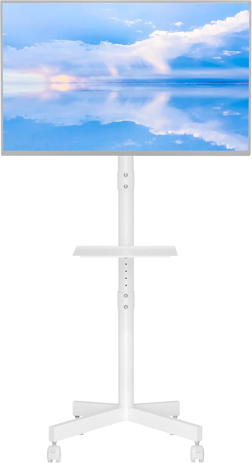 Mobile TV Stand, Rolling TV Stand for 23-60 Inch Screens, Adjustable Floor TV Stand with Locking Wheels and Media Shelf, Compatible with VESA 75X75Mm to 400X400Mm, Holds up to 88 Lbs,White