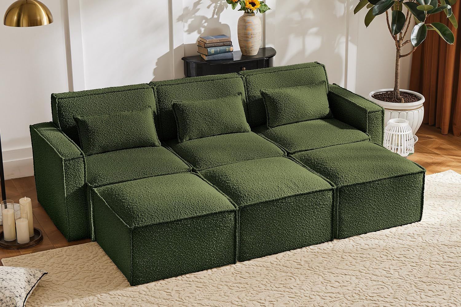 Green Boucle Sleeper Sectional Modular Sofa Bed