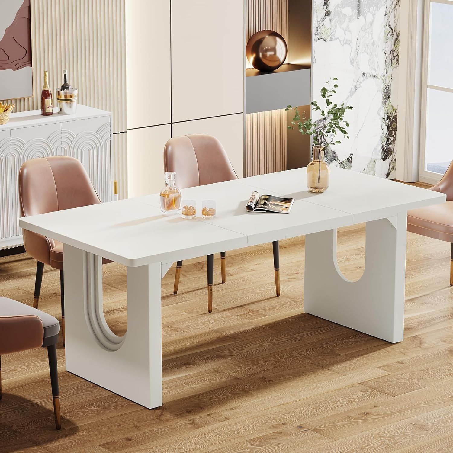 Modern Dining Table for 6 to 8 People, 71&quot; Large Kitchen Dining Table with Wood Pedestal Base, Rectangular Long Dinner Table for Kitchen, Dining Room, Living Room, White