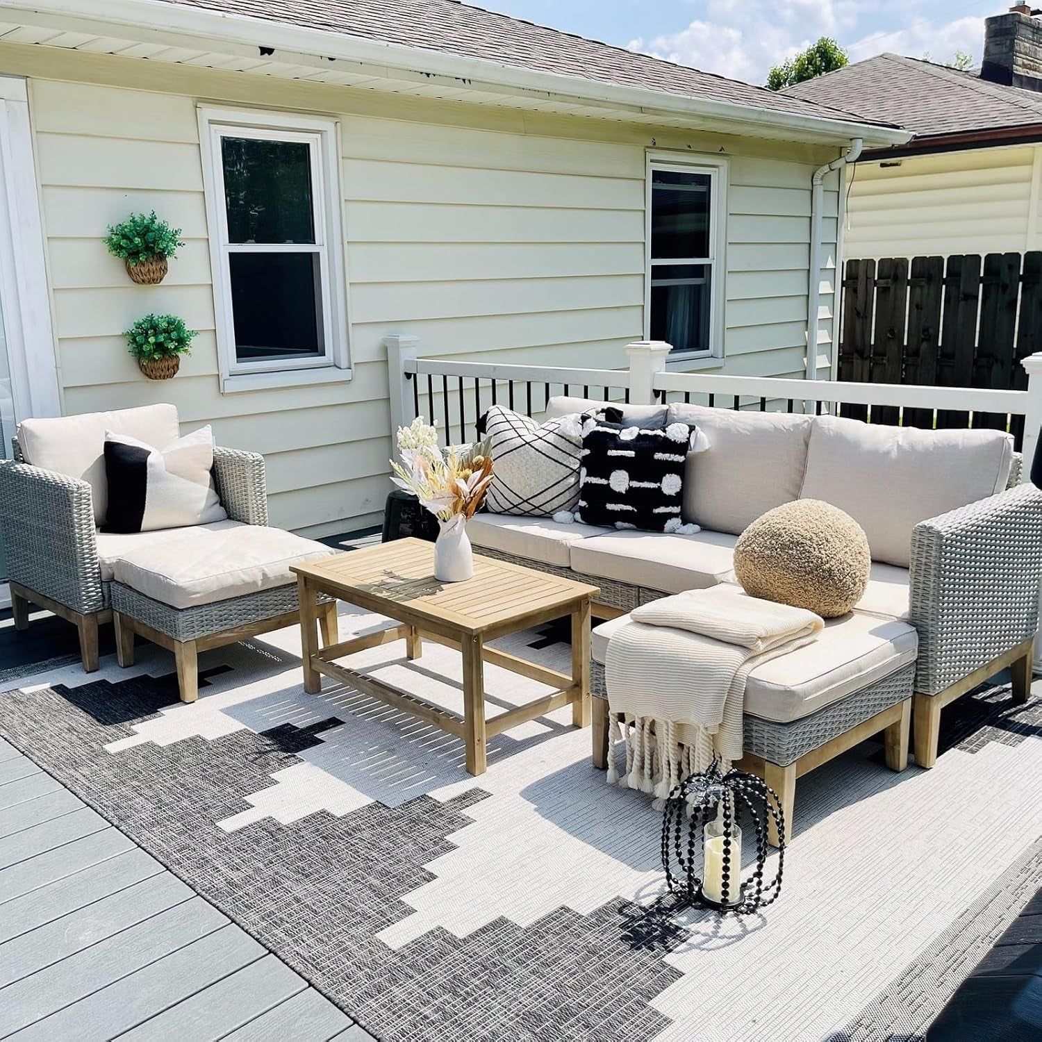 Outdoor Patio Furniture Sets, 5-Piece All-Weather Patio Conversation Set, High Back Wicker Rattan Setional Sofa with Large Single Sofa Chairs, Ottomans &amp; Wooden Coffee Table (Beige)